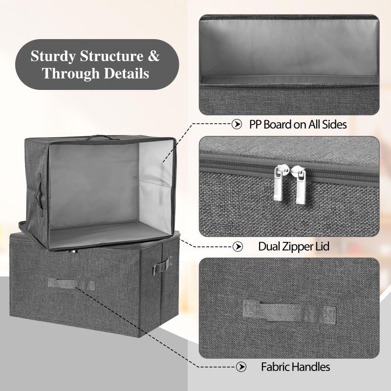ANMINY 3PCS Storage Bins with Zipper Lids 13 Qt Lidded Fabric Storage Boxes Baskets Cubes with Handles Collapsible Washable Cotton Linen Closet Shelf Clothes Organizer Containers - Gray, Small - Image 4